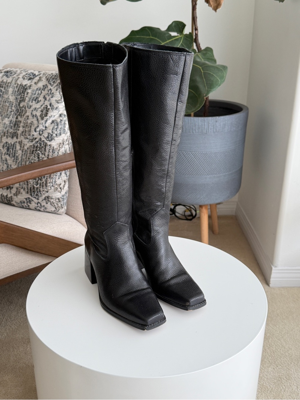 Vince Camuto Black Leather Knee-High Block Heel Boots